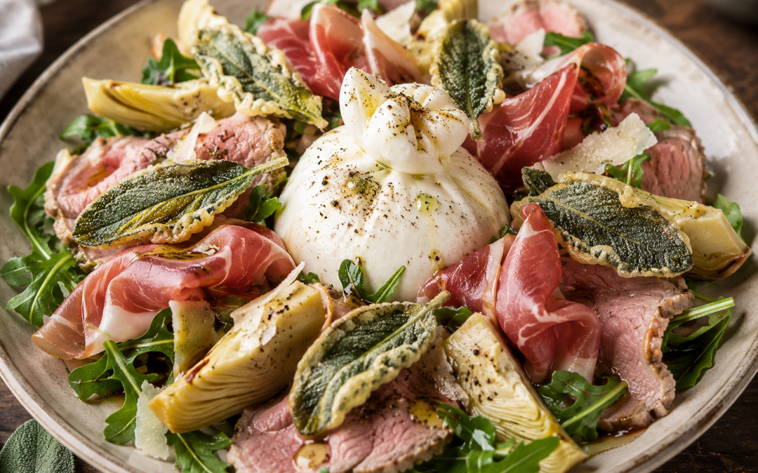 Salade façon Saltimbocca, burrata, artichauts marinés & sauge en tempura