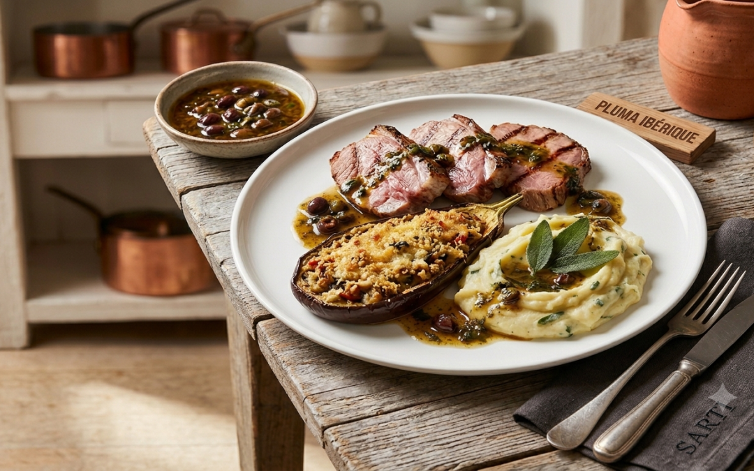 Pluma ibérique grillée au barbecue, purée de pommes de terre à la sauge et sauce aux olives